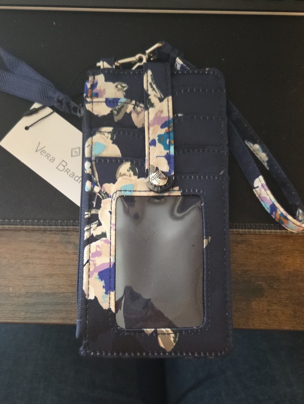 Vera Bradley Navy Floral Wristlet Phone Wallet with ID Window